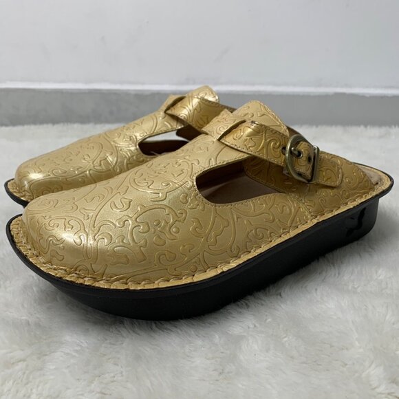 Alegria ALG-513 Women's Classic Beige Gold Leather Mules Slip On Clogs Size 39 - Picture 3 of 13